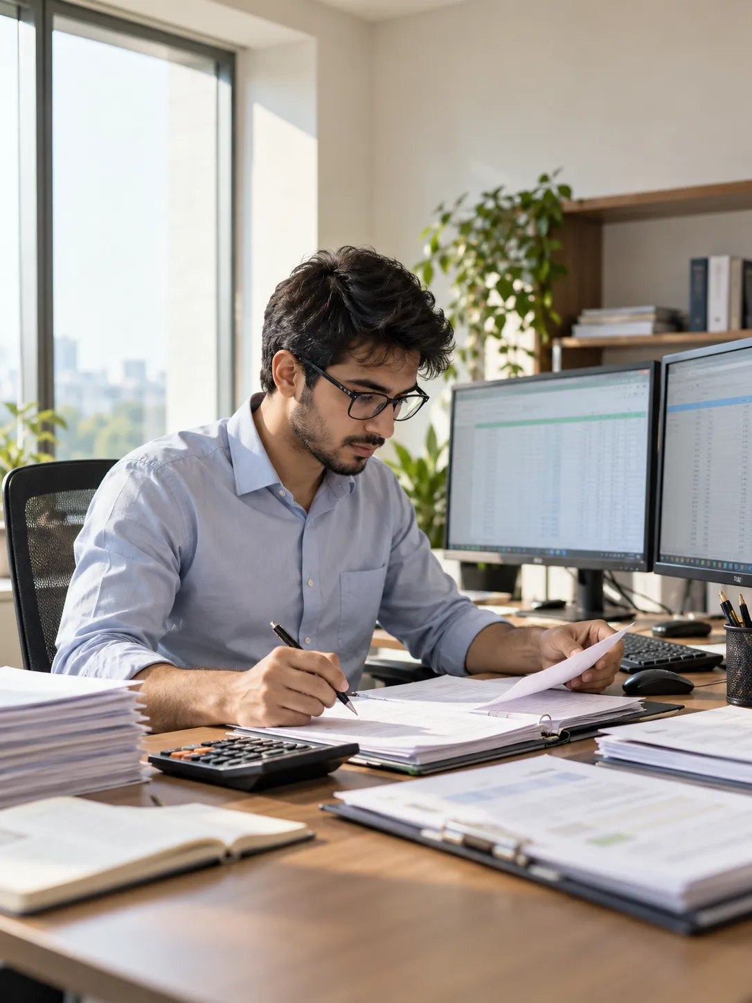 Accountant reviewing international tax and payroll filings